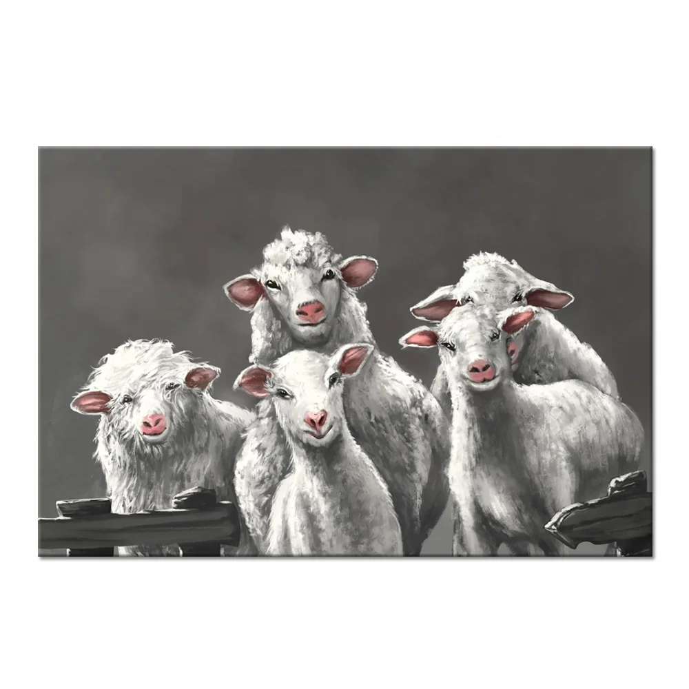 Black And White Animal Canvas Wall Art Funny Cute Sheep Family In Fence  Country Rustic Artwork Painting On Canvas For Farmhouse - Buy Sheep Wall Art,Animal  Picture Wall Decor,Picture For Modern Home