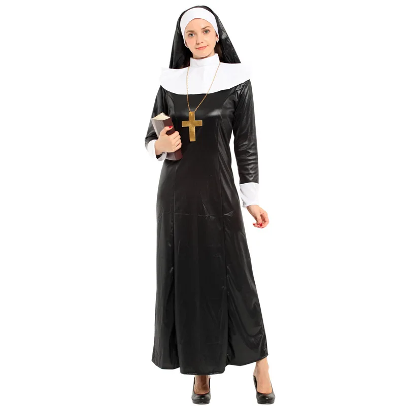 Role Play Nun Costume Women's Heavenly Hottie Vinyl Dress with Headpiece Sexy Halloween Costumes