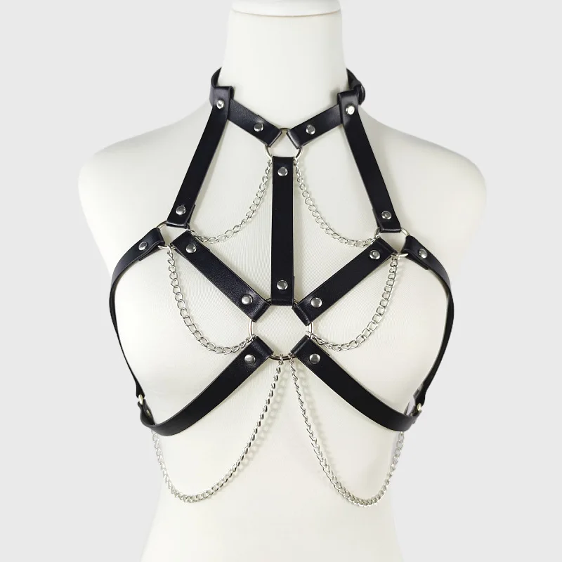 Großhandel Goth Bdsm Frauen Leder mehrschichtige Quaste Harness Körperkette dicke Kette BH Brust Halskette Sexy Dessous_voghion.com
