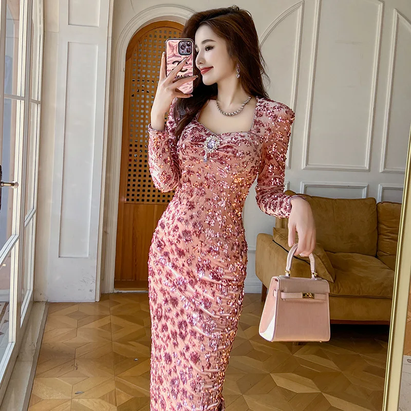 【THE MOZZ】[Premium] Knits Velvet Layered One Piece ZYHT 21028 - Sexy Sequin Velvet Dress with Square Collar