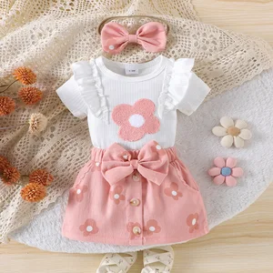 2026 Summer Cute Newborn Girls Clothes Short Sleeve Round Neck Romper Floral Skirt Headband Three Piece Baby Clothing