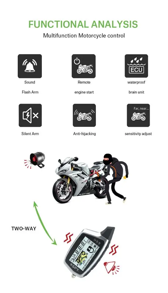 SPY Anti Theft Keyless Remote Engine Starter Motorcycle Alarm 2 Way Car Alarm System Smart Key Moto