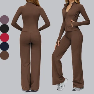 Hot Sale Womens Long Sleeve Gym Training Long Sleeve Zipper Jacket High Waist Flared Leggings Sets Fitness Yoga Sets