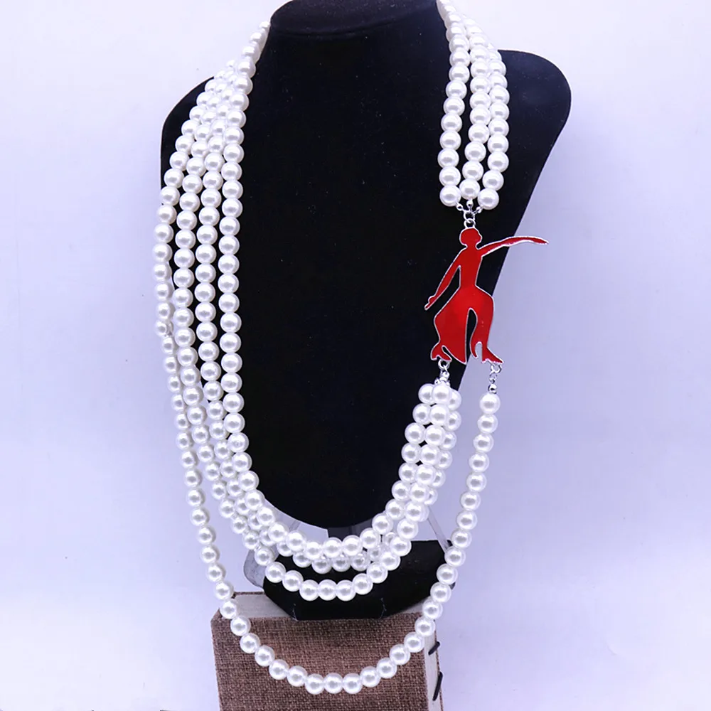 Inspired Designer Jewelry Multi Layered Pearl Enamel Red Fortitude Dance Lady Charms Greek Delta Sorority Necklace Women
