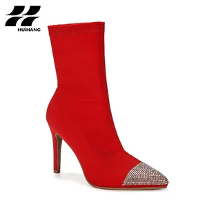 Chic Women's Stiletto Ankle Boots Rhinestone Pointed Toe Height Increasing Comfortable Slip-On Design Solid Winter