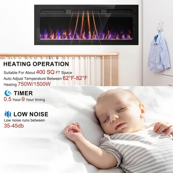 68-Inch Electric Fireplace Heater Wall Mounted Linear Design with Adjustable Flame Thermostat for Household Use English