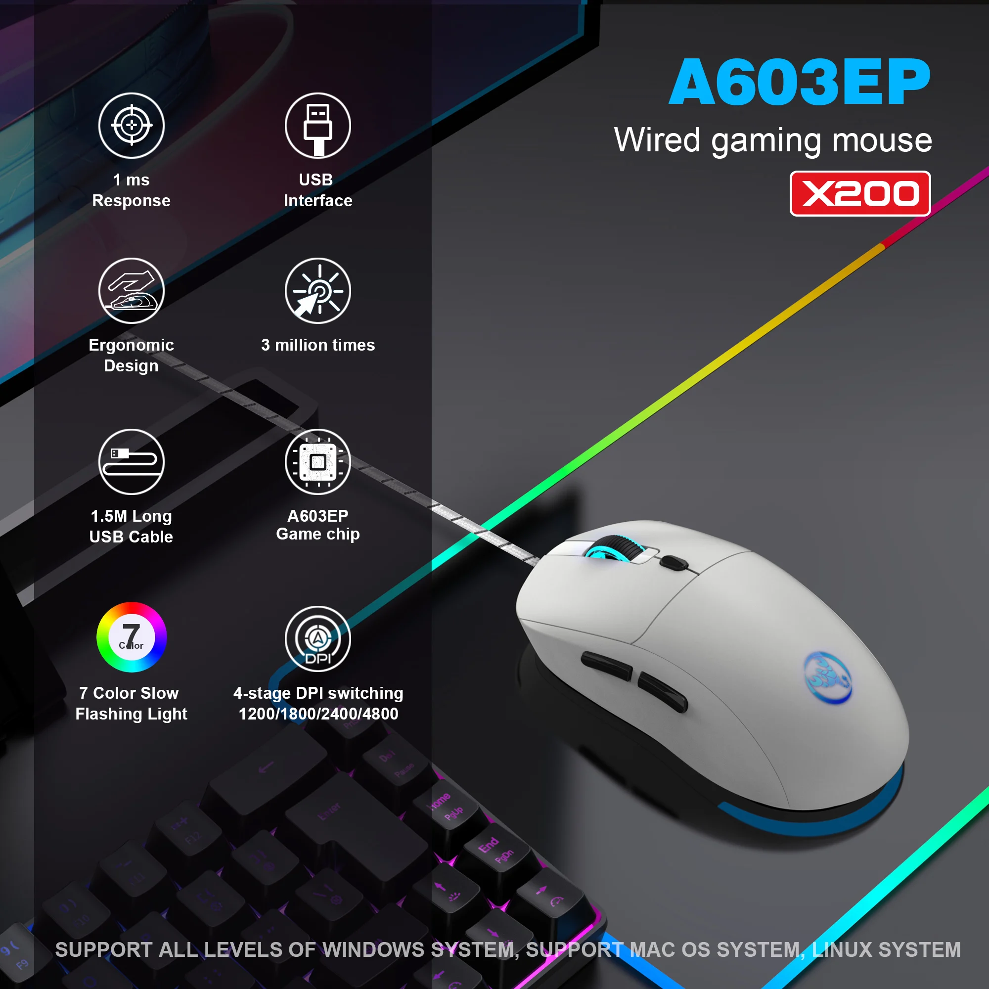 HXSJ X200 125Hz RGB Ergonomic Wired Mouse - 6 Programmable Buttons