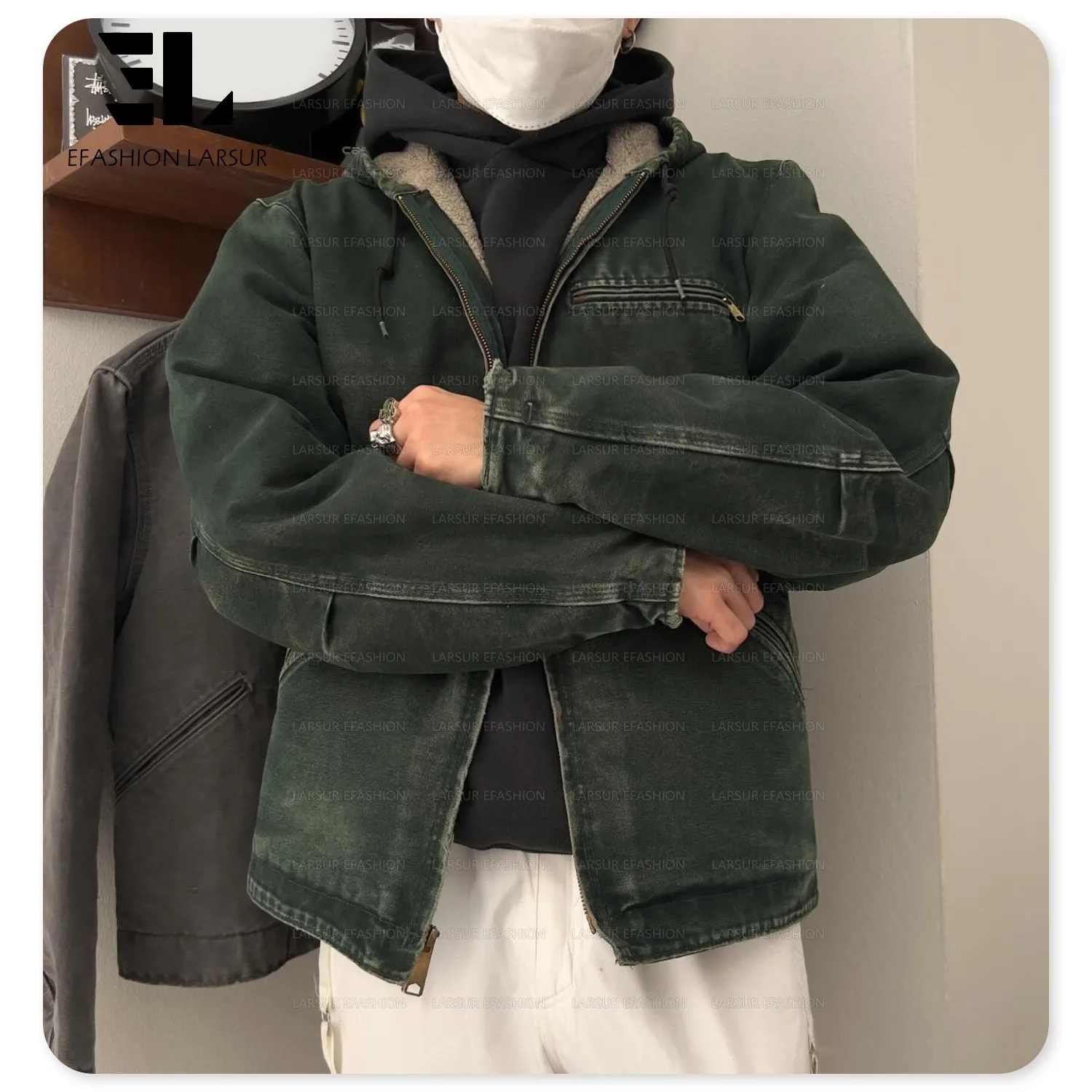 LARSUR Custom Distress Heavy Duck Canvas Boxy Work Jacket With Hood Zip Sherpa Lined Worker Workwear Bomber Jacket Canvas Hoodie