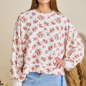 Wholesale Pullover Vintage Floral Print Lace Insert Puff Sleeve Crew Neck Women Sweatshirt