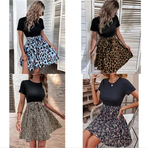 Graphic Print Belted Dress Leopard Print Patchwork Dress Sexy Ladies Round Neck Short Sleeve Lace-up A-Line Womens Dresses