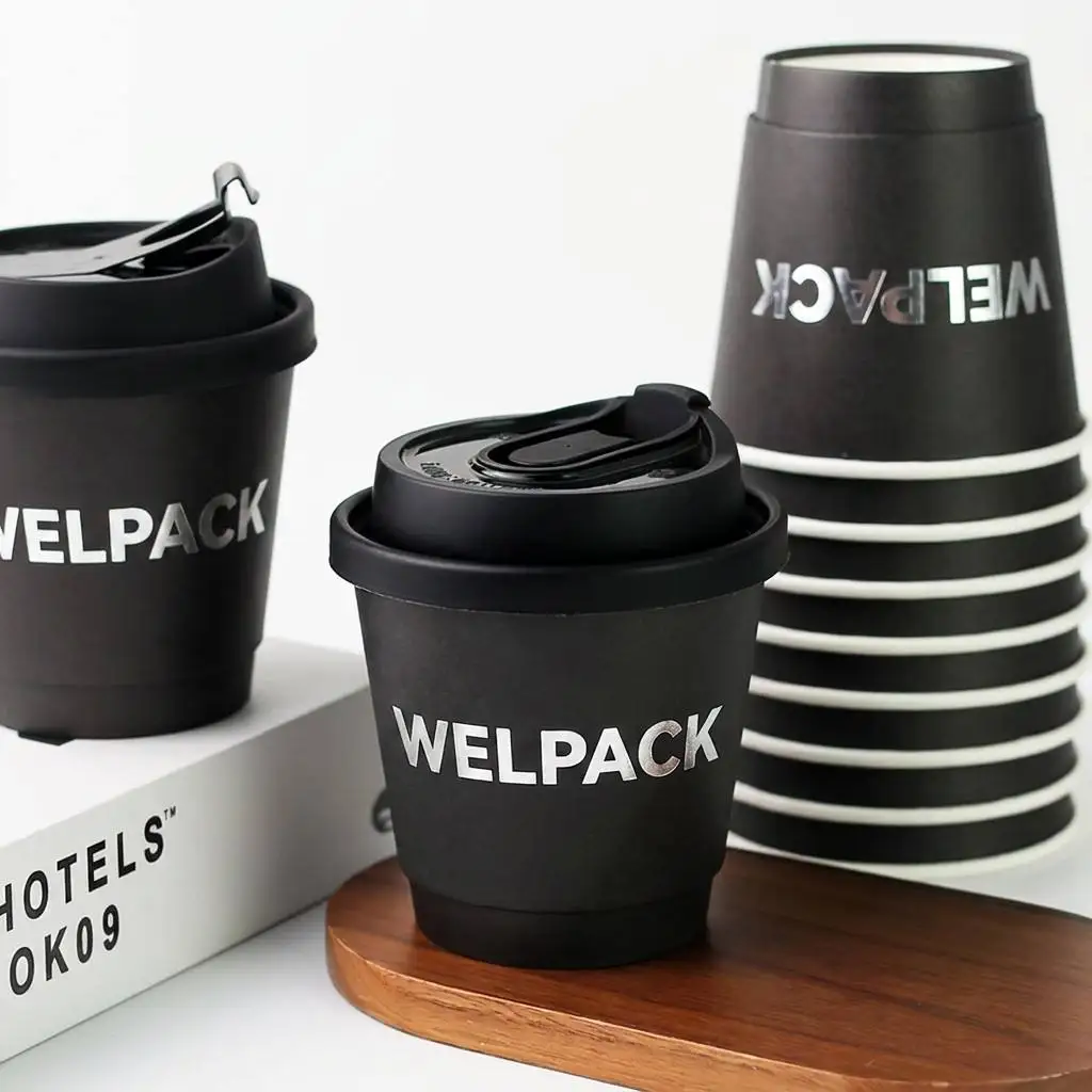 WELCOTECH Luxurious Matte Black Double Wall Coffee Cup Custom Silver Foil Logo Eco-Friendly 8oz 12oz