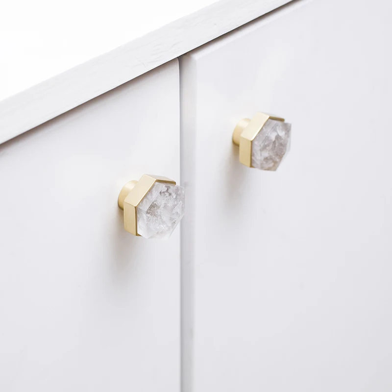 Hexagon Brass Natural Rose Quartz Crystal Luxury Handle Pull Knob For