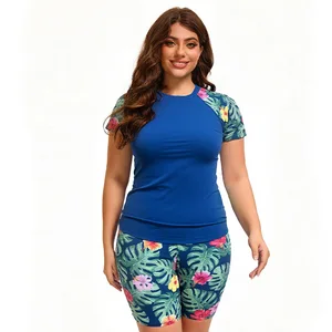 New Women's Plus Size 2-Piece Breathable Short-Sleeve Triangle Bikini Set with Front Logo (Spandex/Polyester) Solid Beach Wear