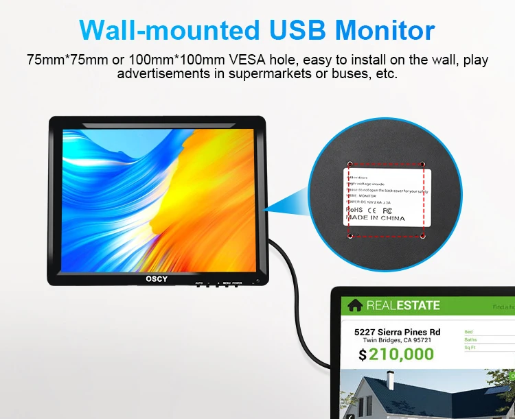 17 Inch TFT LCD Monitor with VGA USB AV TV Input Built-in Speaker for Desktop Industrial Use DC 12V