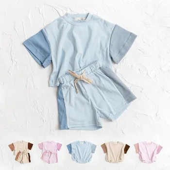 2023 Summer Toddler Girls Cotton Short Sleeve Top+Shorts Set Baby Boys Shortsleeve Tee Outfits Sets Kids Stitching Color Clothes