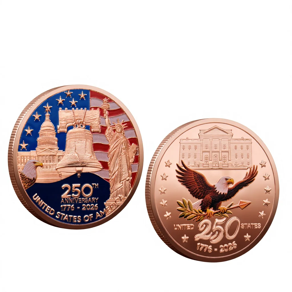 定制美国250周年纪念挑战币镀金彩色印刷珐琅徽章3D浮雕时尚新款