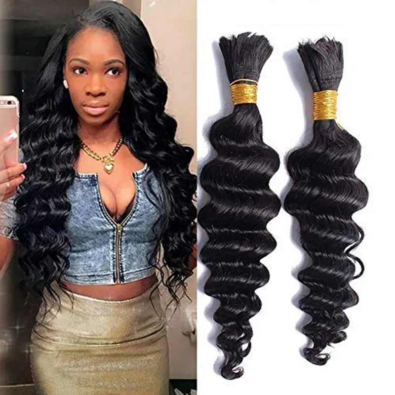 Bulk människohår för flätning Deep Wave Brazilian Virgin Remy 1/2/3 ST Ingen inslag Naturlig färg_voghion.com