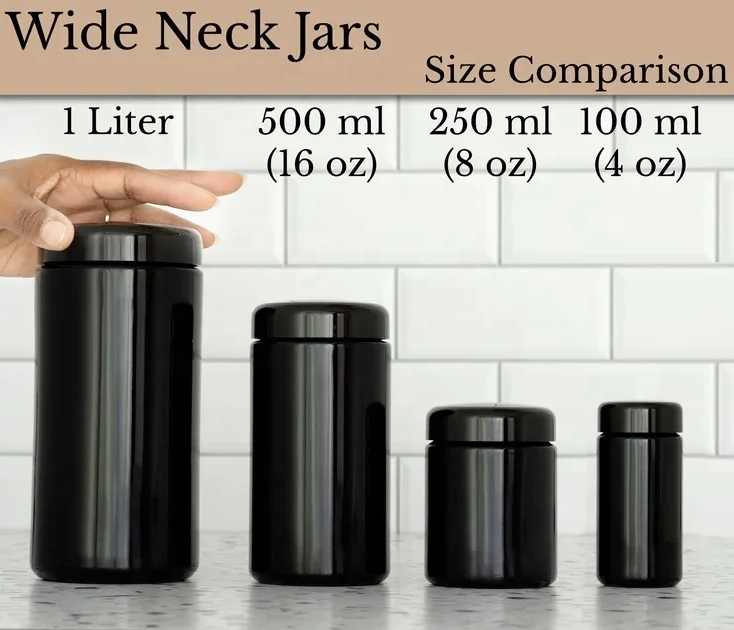 Confezione da 3 barattoli in vetro ultravioletto a bocca larga da 250 ml con coperchio a vite nero ermetico a prova di odore a prova di perdite contenitore di stoccaggio UV contenitore