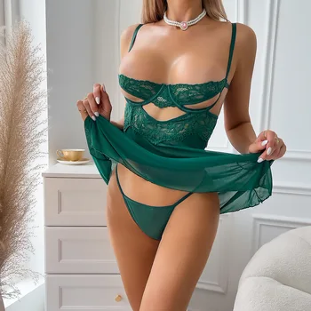Wholesale Luxury Ladies G String Panties Set Transparent Adult Plus Size Pajamas with Lace Embroidery Hole Hollow Decorations