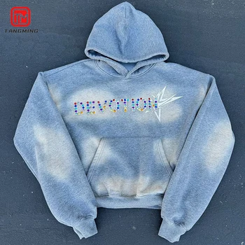 Custom Applique Hoodies Streetwear 100% Cotton Oversized Pullover Acid Wash Cropped Boxy Fit Printing Logo Rhinestone Hoodie