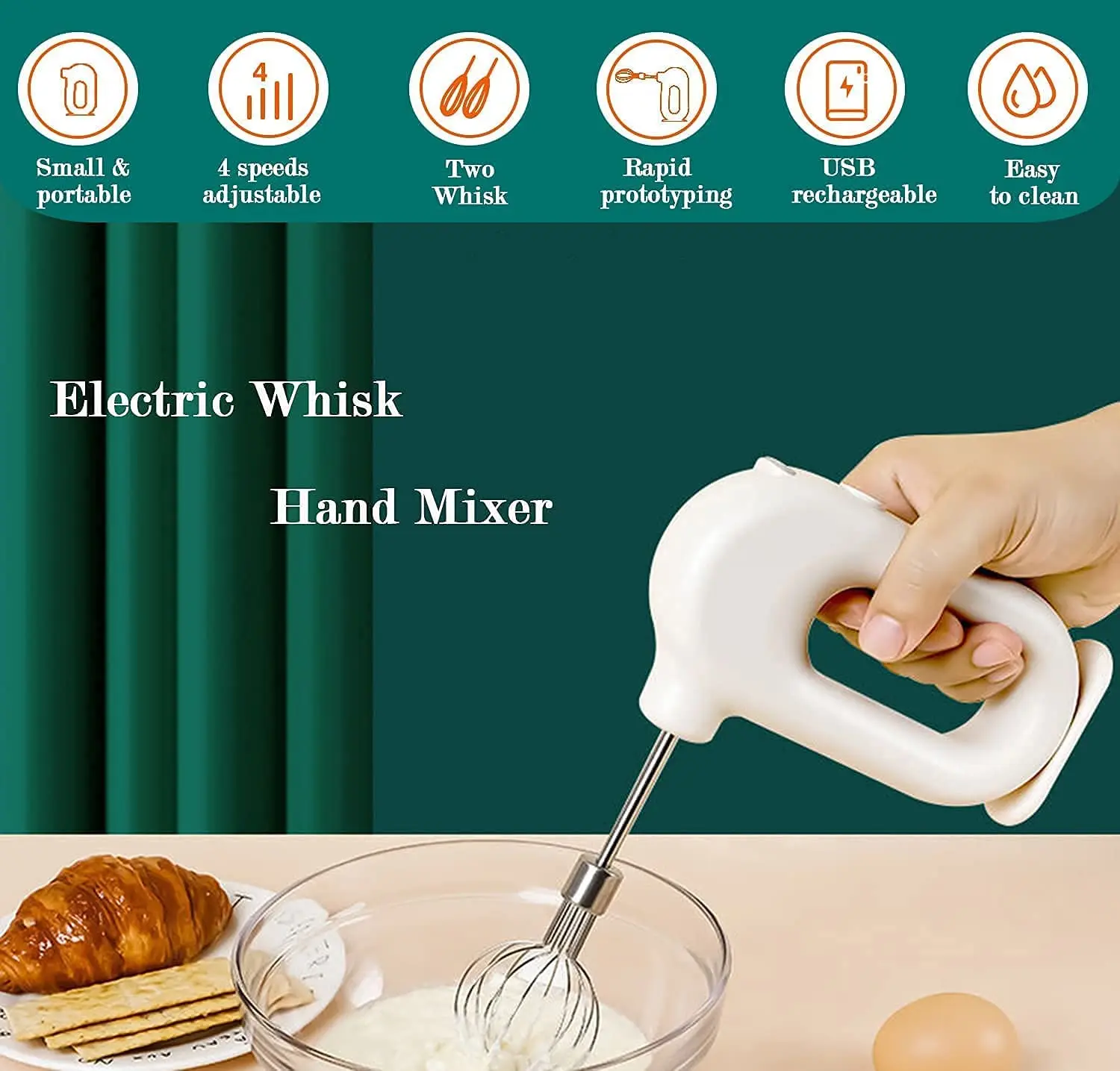 Electric Hand Mixer, Wireless Charging Curved Edges 1500mah Lithium Battery  Cordless Mixer Handheld for Cake Baking for Kitchen (High power egg beater