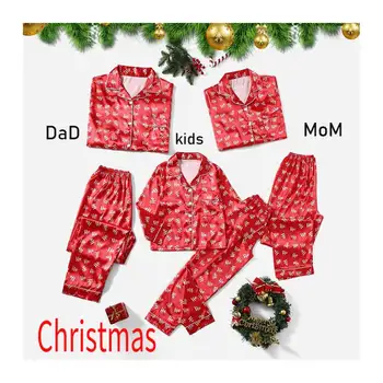 MS Women Silk Satin Embroider Pajamas Long Sleeve Loungewear Family Kids Pajamas Family Sleepwear Night PJ Set for Christmas