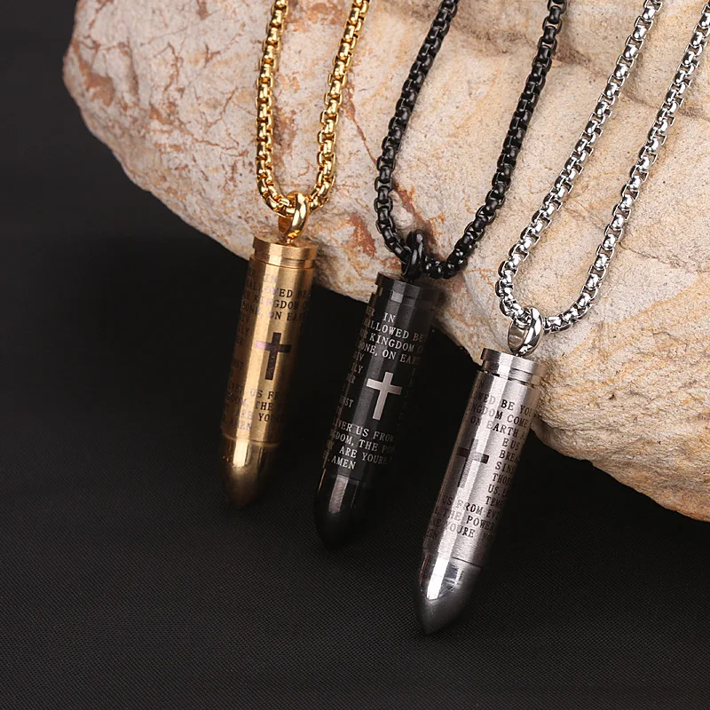 Gold Plated Hip Hop Necklace Unisex Titanium Steel Bullet-Shape Necklace Openable put Bone Ash or Perfume Family Necklace