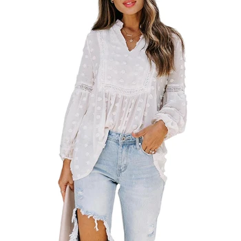 OEM Wholesale Women Tulle Fashion Long Sleeve Lace Hollow Out White Ruffle Blouse
