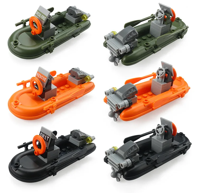 Small Particle Building Blocks Scene Toy Accessories MOC Rubber Boat Speedboat Military DIY Assembly Block Toys