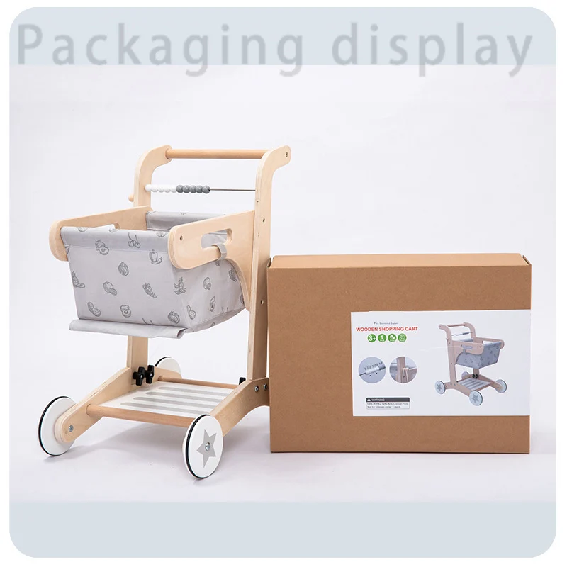 Fabrikdirekter OEM-Großhandel Baby-Kinderwagen aus Holz Supermarkt-Einkaufswagen Lernspielzeug für Kleinkinder Simulation Baby