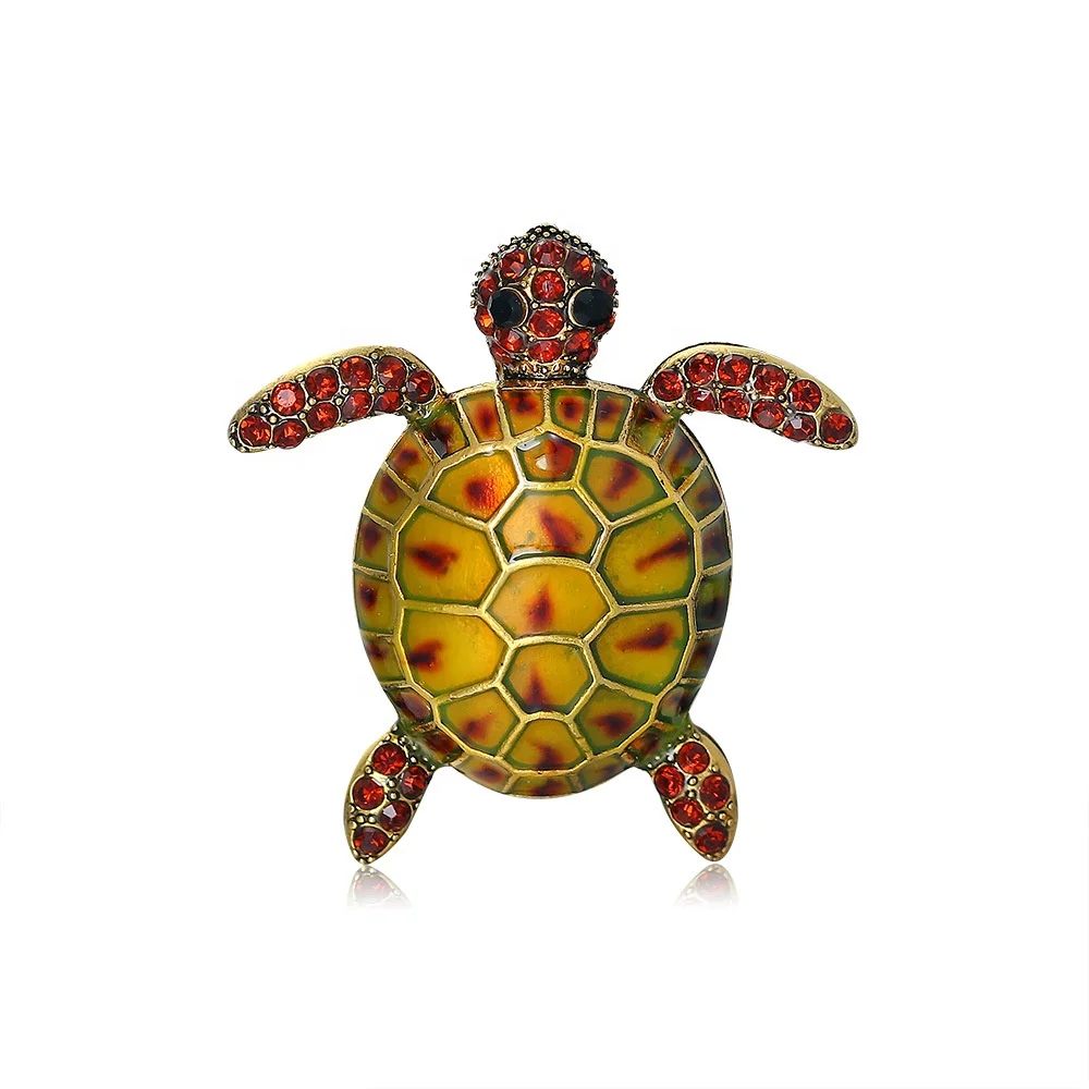 Spilla Tartaruga Con Diamanti: Accessorio Moda In Lega D'acciaio, Giallo E Marrone Con Pietre Rosse, Taglia Unica - 2