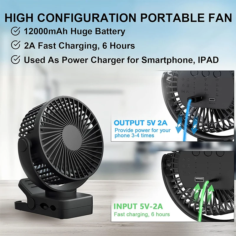 12000mAh Multifunction Outdoor Clip-on Stroller Fan Charging Desktop Table Usb Portable Rechargeable 6 Inch Clip Fan With Timer