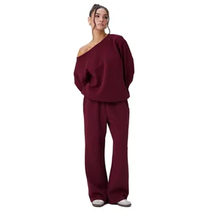 Women's Fashionable Burgundy Solid Color Fleece Sweatshirts Heavy-Weight Oversized Crewneck Hoodies S M L Sizes Streetwear Style