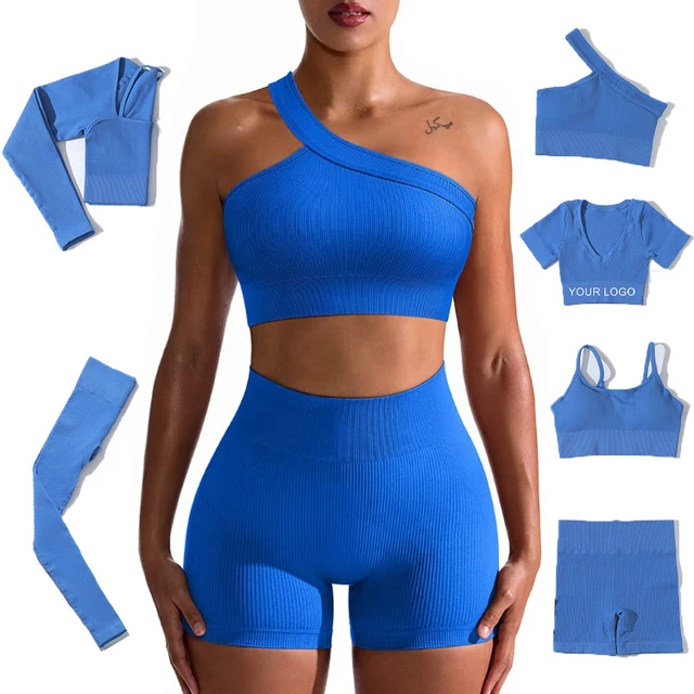 New 6-Piece Sport Clothing Set for Women Sexy Bra Crop Top Ribbed Leggings for Fitness Workout Breathable Solid Pattern Front
