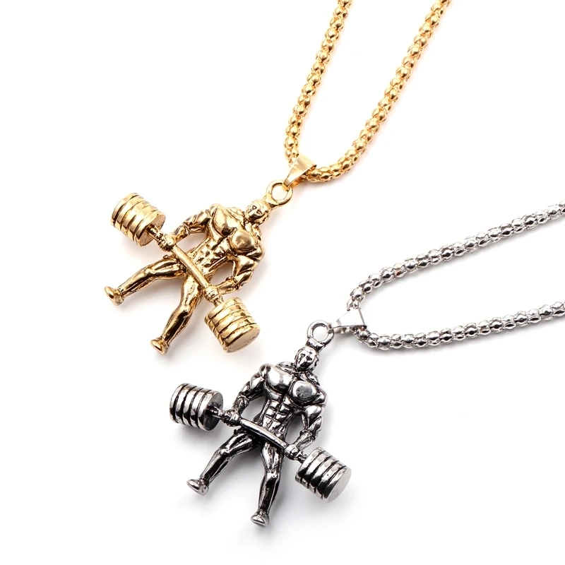 Men Gifts Gym Weightlifting Barbell Dumbbell Boxing Bodybuilding Pendant Muscle Man Fitness Necklace