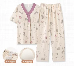 Summer  Thin Maternity Pajamas Set with Built-in Breast Pads, Suitable for Pregnant Women and New Mothers