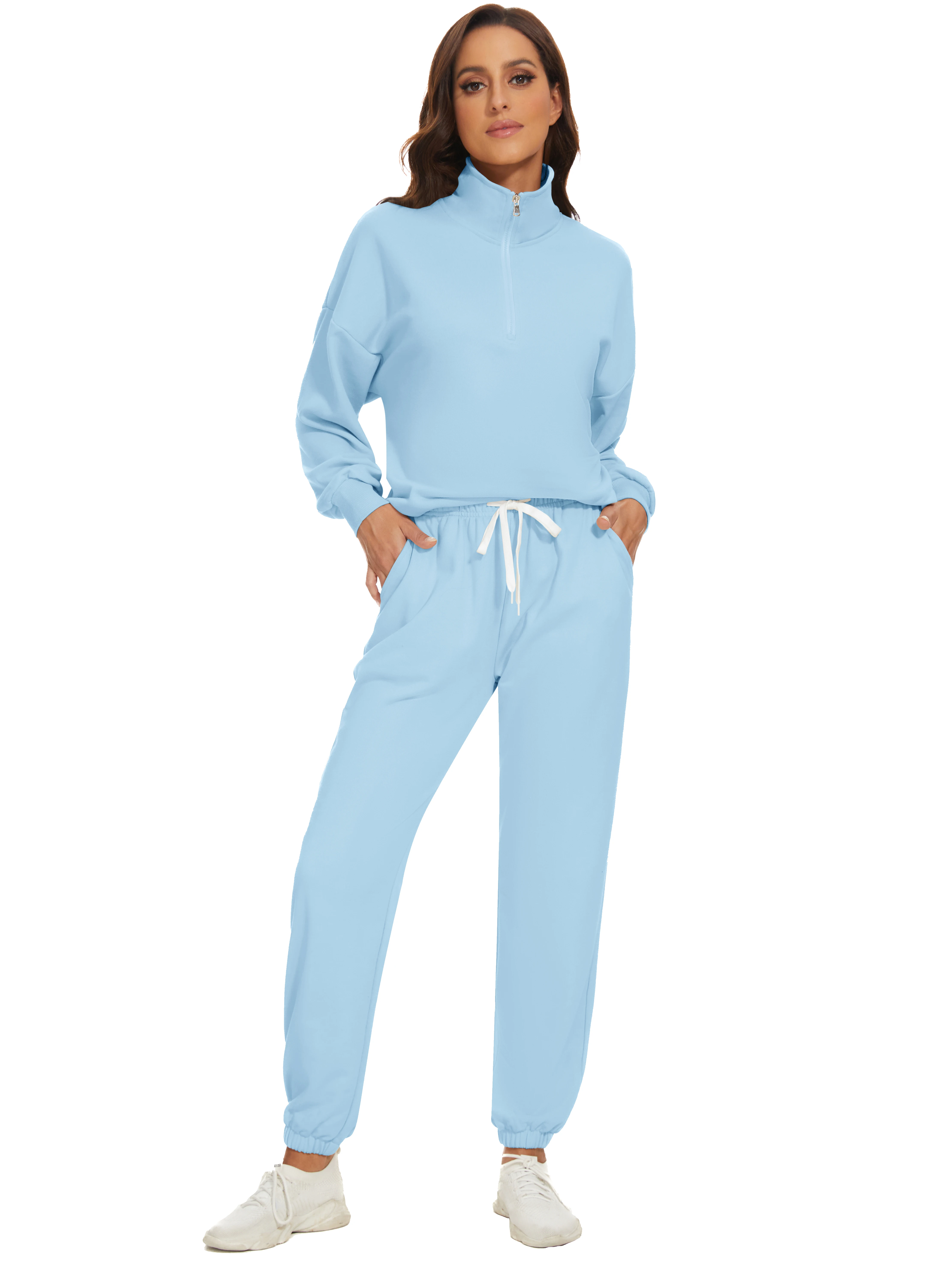 Fall Winter Custom Women Blank Half Zip Sweatshirt and Sweatpants Sets Streetwear Two Pieces Tracksuits for Women