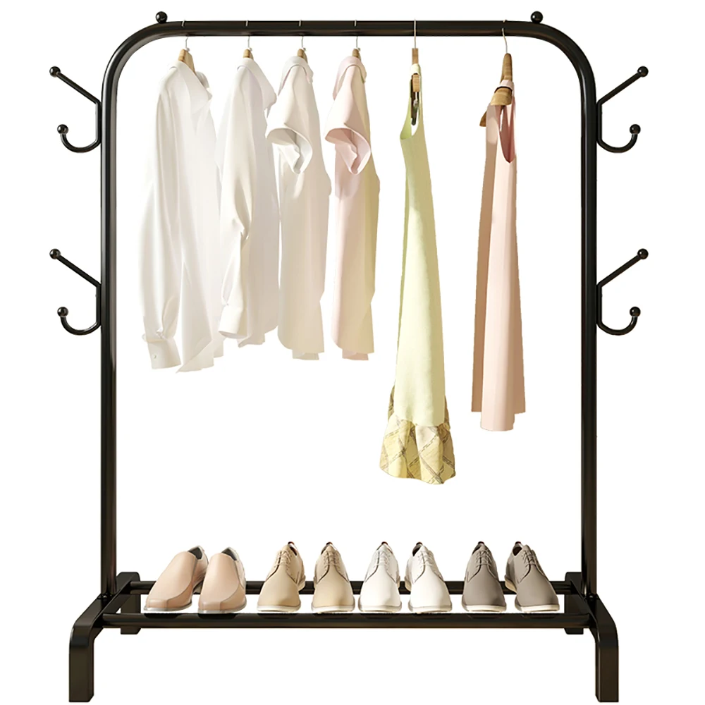 metal clothes rack with top rod and lower storage shelf floor