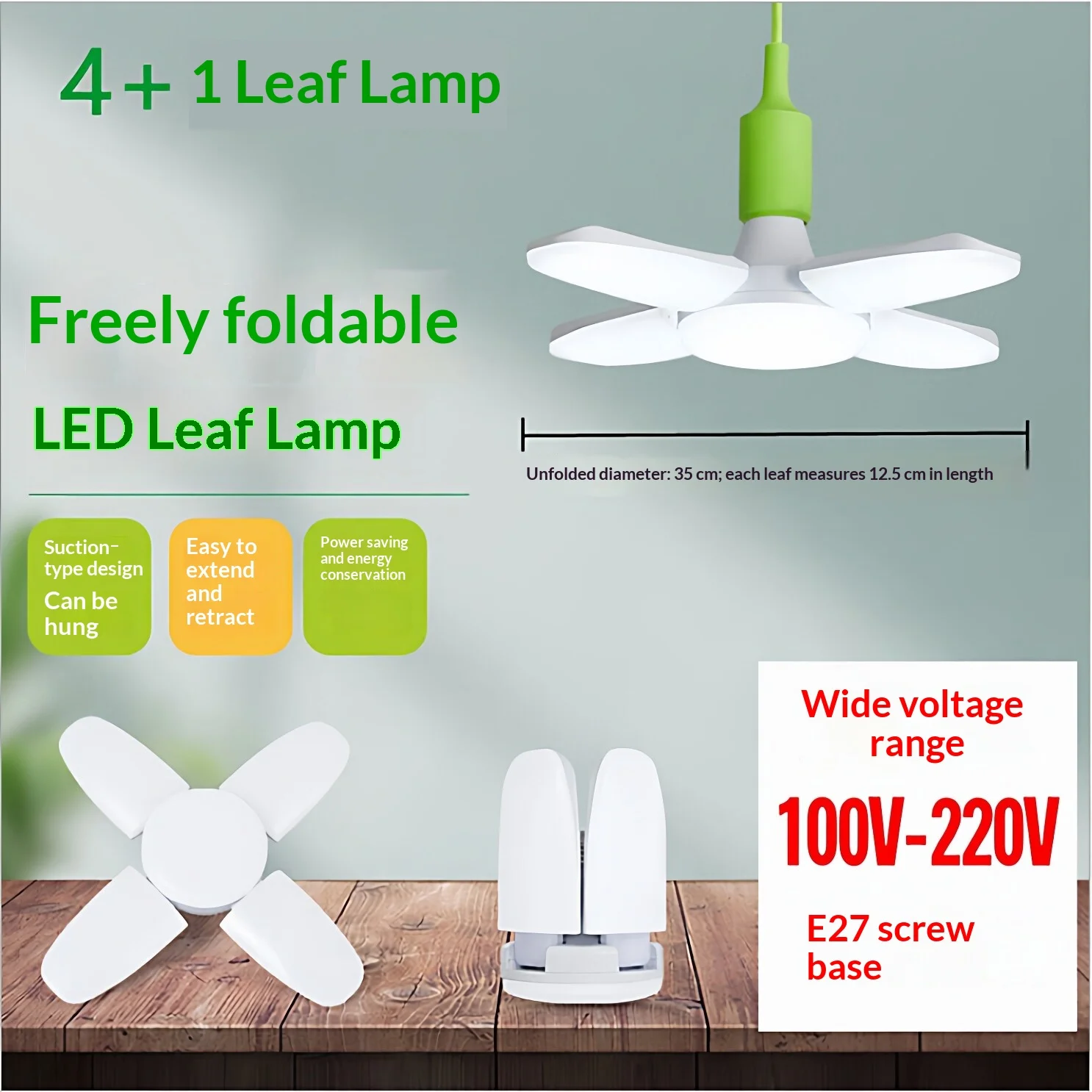 Faltbare Landschaftsbeleuchtungslampe mit Weitbereichsspannung 100 V–220 V, vier- und fünfblättrige Designs, E27-Schraubsockel, aus Polycarbonat-Material, LED