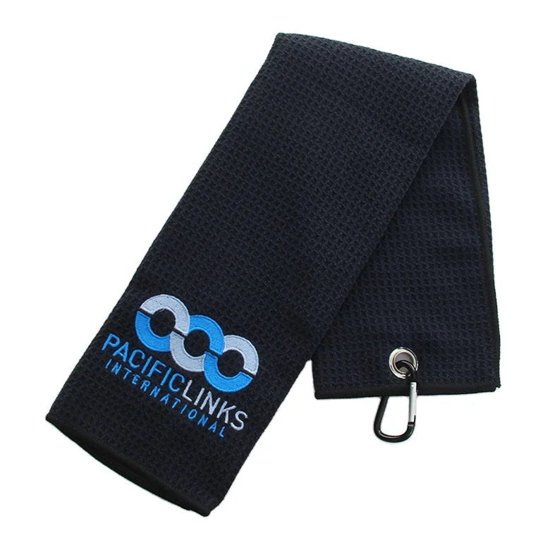 Hot selling customized embroidery logo waffle microfiber golf towel tri-fold high absorption fitness towel with clip