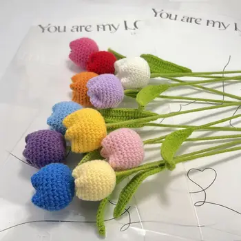Wholesale Handmade Crochet Tulip Flower 40*5cm Woven Yarn Knitted Artificial New Year Home Gift Decoration Hot Sale
