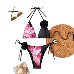 Basic S-L Women's Floral Print 3D Flower Brazilian Bikini Set 2-Piece Swimwear with Ties Detail