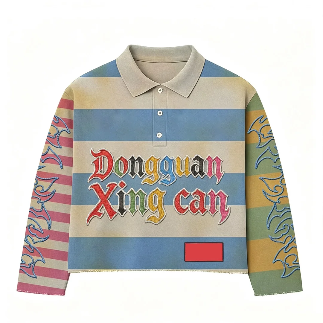 300 GSM tung T-shirt til mænd i kort længde – løs retro street-stil med lange ærmer og broderi; tilpasbare mønstre