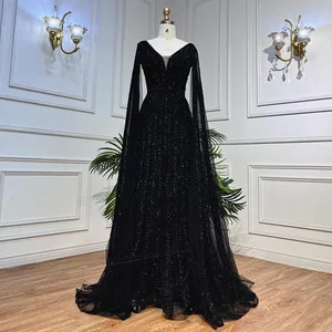 Black Arabic Mermaid Evening Dresses With Cape Sleeves 2026 Luxury Beaded Dubai for Women Wedding Party Gowns