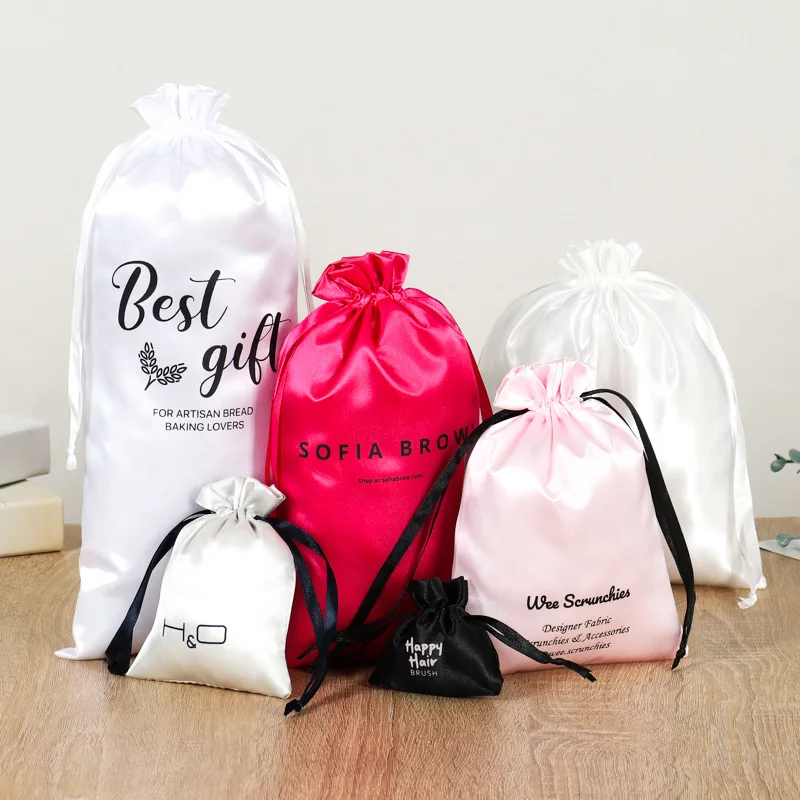 Custom Logo Small Satin Dust Pouch Gift Packaging Hair Wig Large Silk Bag Satin Drawstring Bag Custom Satin Bags With Logo