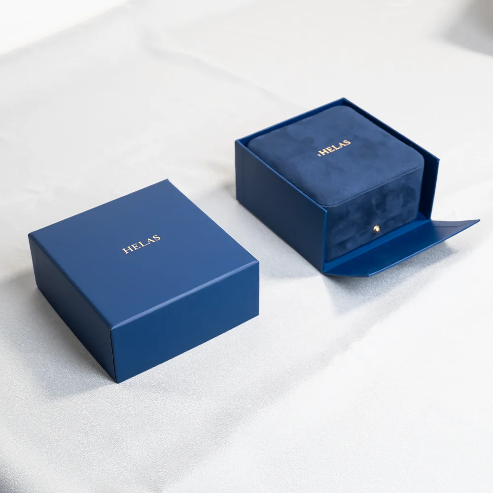 High Quality Bronzing Package Insert Lid and Base Ring Envelope Greeting Card Blue One Stop Velvet Jewelry Gift Box