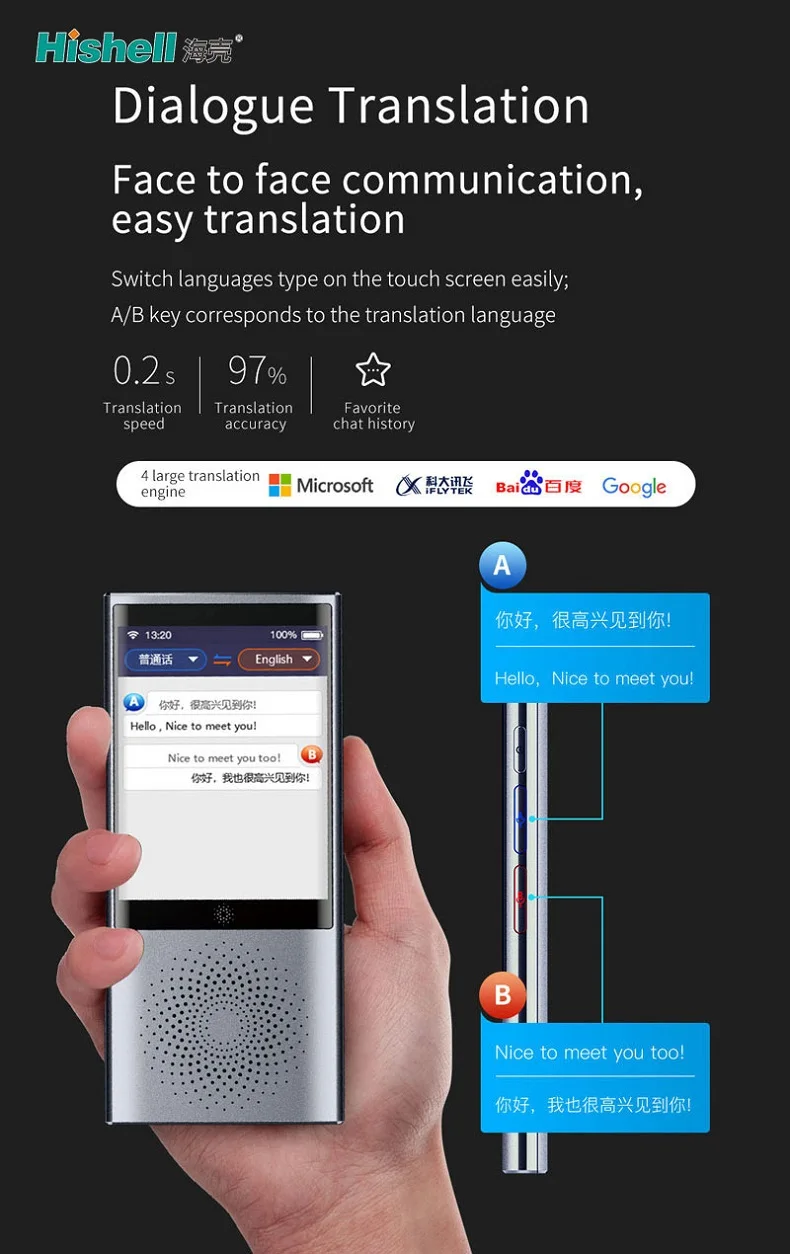 Hishell Portable Voice Translator - 144 Languages in 0.2 Seconds