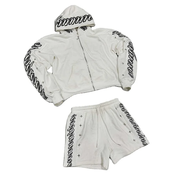 Wholesale Custom Double Waist Shorts Set Zip up Hoodies and Joggers Tracksuit Winter Fleece Bleach Wash for Men