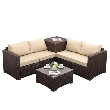 HOMECOME 5-Piece Outdoor Furniture Set Rattan Sectional Sofa Chair and Storage box for Patio and Garden