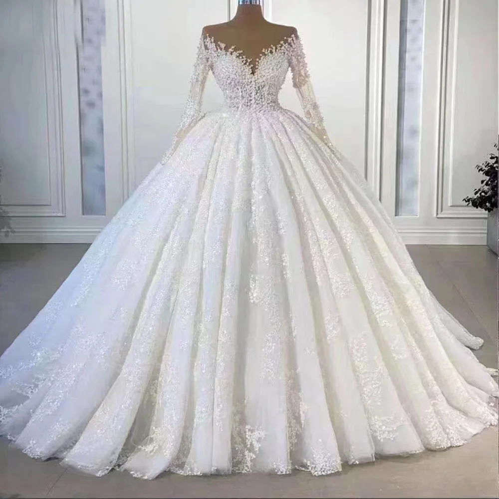 New Fashion Shining Luxury Long Sleeve Ball Gown Wedding Dress Beaded ...